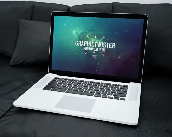 Download MacBook on Sofa Mockup | Mockup+