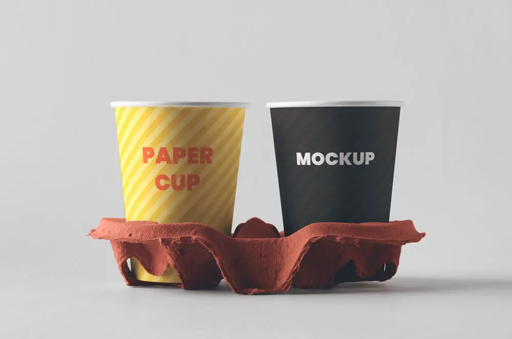 Download Two Paper Coffee Cups with Holder Free Mockup | Mockup+